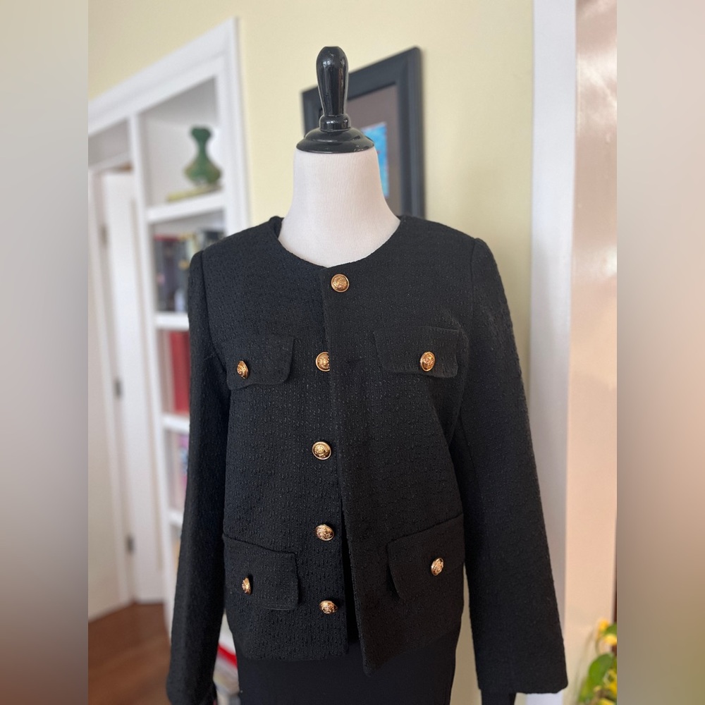 Elegant Black Boucle’ Tweed Jacket Gold Buttons Cropped Classic Designer Look L - Picture 5 of 7